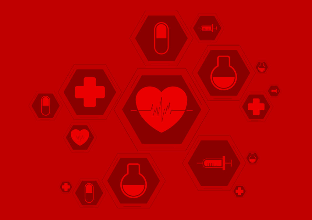 Bright red health vector background with medical icons