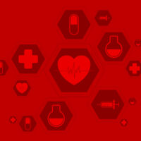 Bright red health vector background with medical icons Bright red health tech background with medical icons. Vector science design
